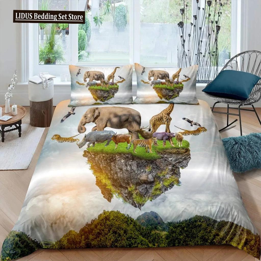 3D Elephant Duvet Cover Set Queen Size African Safari Animal Comforter Set Wildlife Bedding Set Retro Wall Decor Bedspread Cover