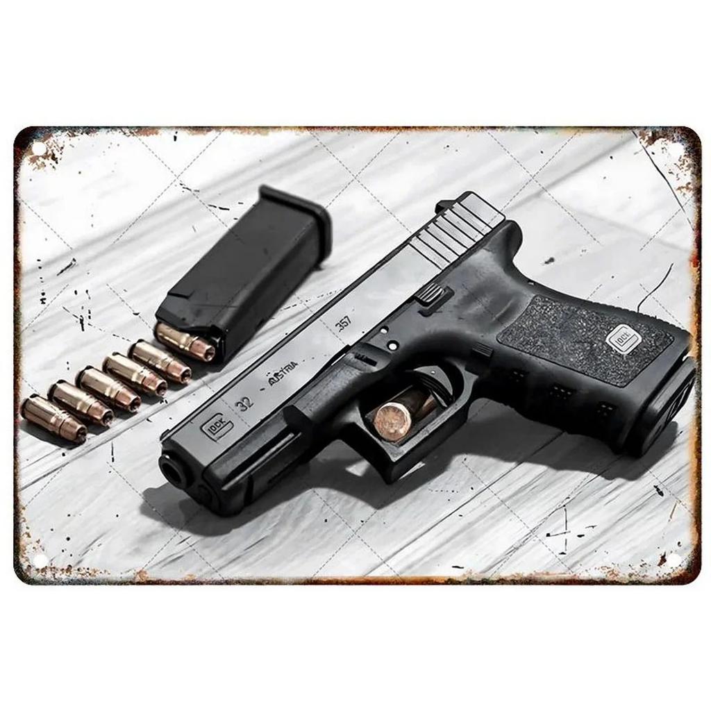 Pistol Military Plaque Metal Tin Signs Wall Decoration Vintage Art Posters Iron Painting for Man Cave Home Cafe Garden Club Bar