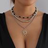 Retro Multi-Layer Sunflower Pendant Necklace with Black Beads and Metal Clavicle Chain