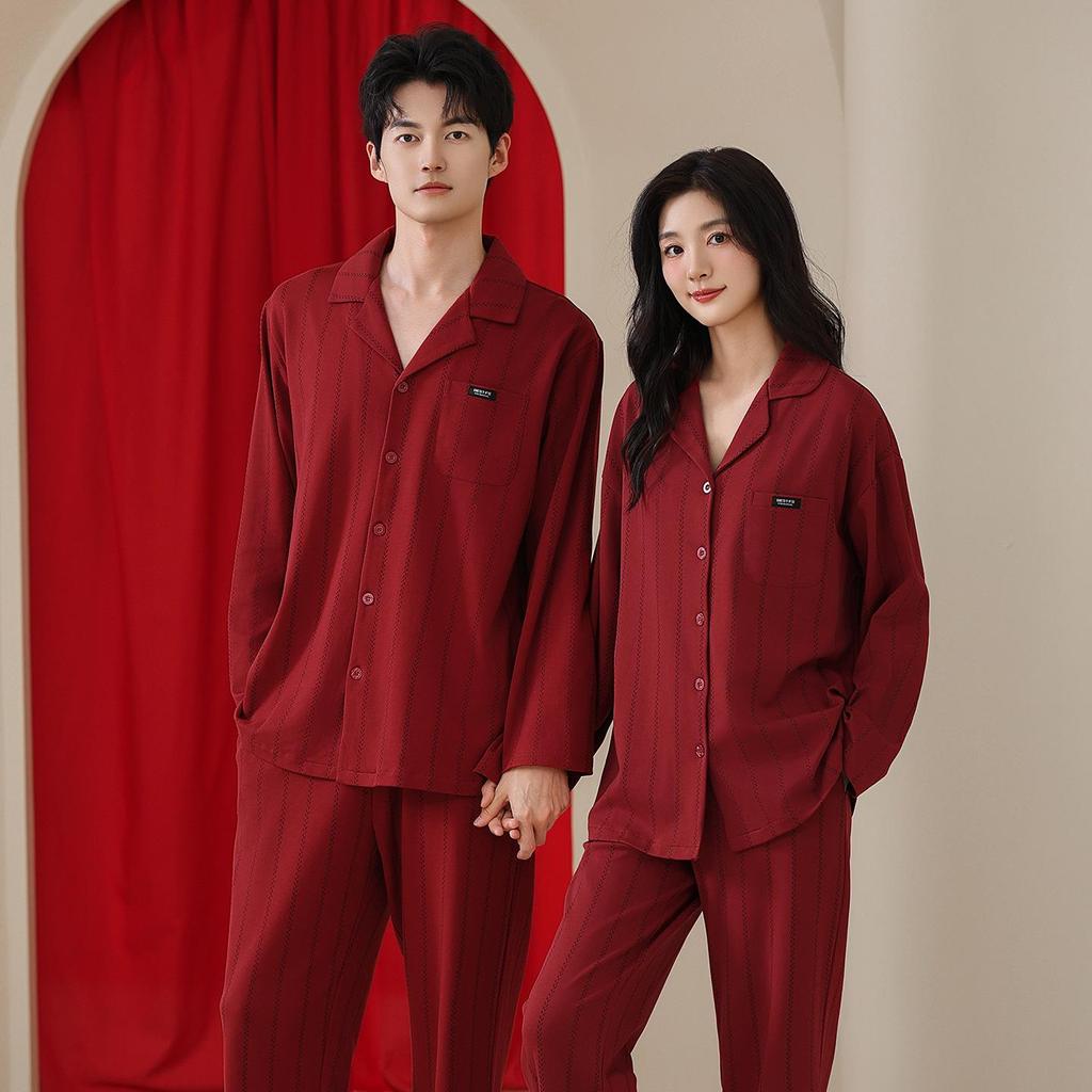 Red Year of the Rat Cardigan Pajamas Set - Tencel Cotton, Long Sleeve, for Couples, Spring/Autumn