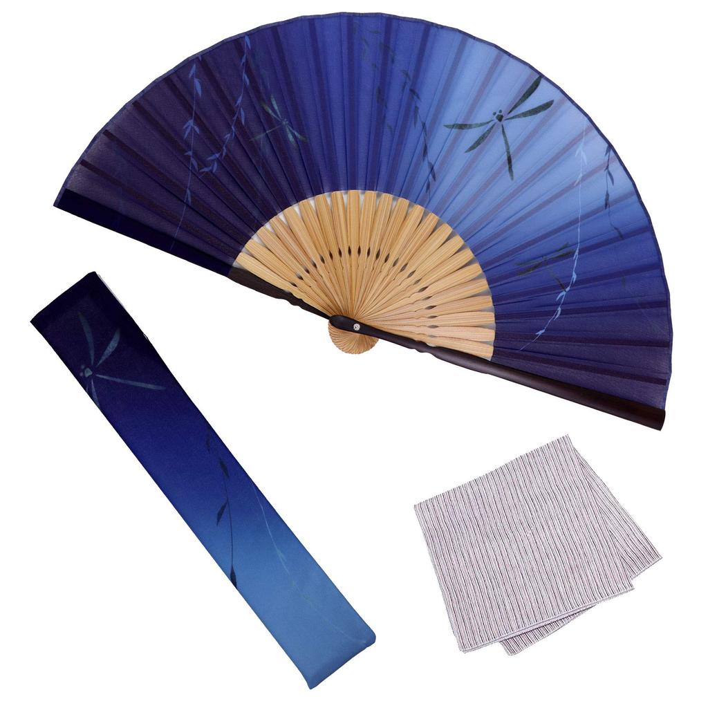 Éventail Pliant Élégant pour Affaires Éventail Pliant et Mouchoir Long Tonbo Marine [Osaka Choseido] Éventail pour Homme, Style, Sac, Étui, Ensemble, Motif,