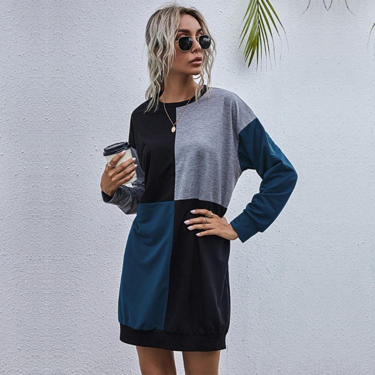 Elegante Felpa con Cappuccio da Donna a Maniche Lunghe Patchwork Girocollo Dritta Media Lunghezza Autunno Inverno