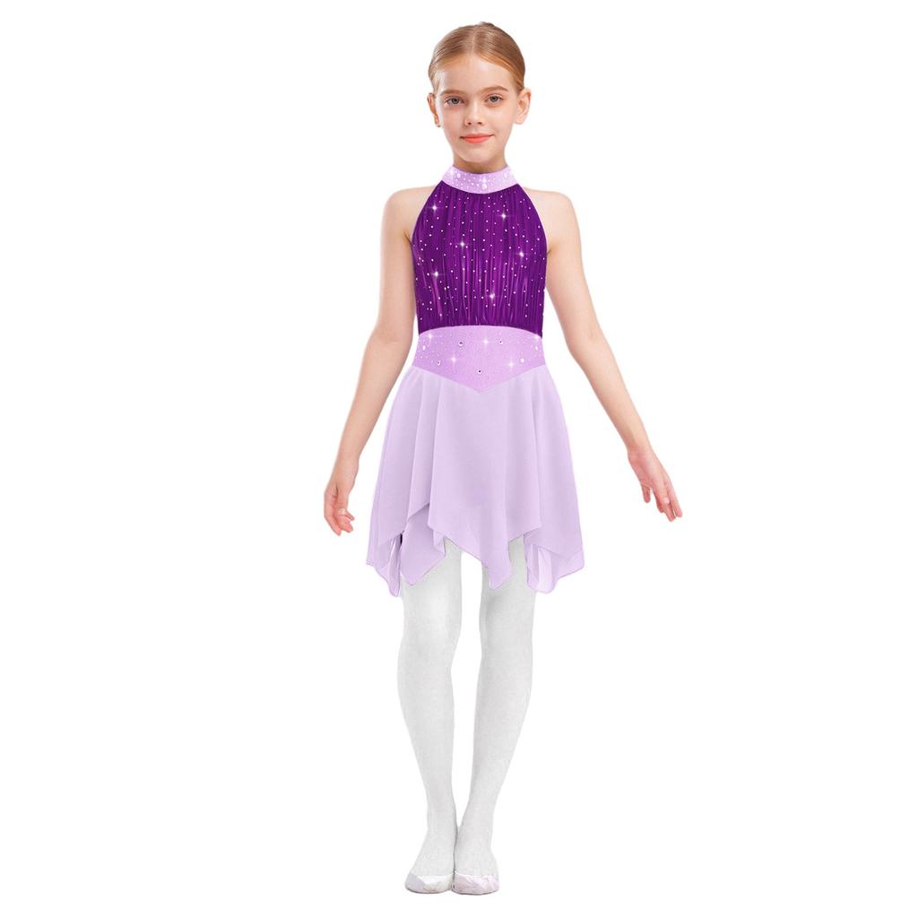 Girls Lyrical Dance Costume Sparkle Rhinestones Keyhole Back Irregular Chiffon Hem Skating Dress