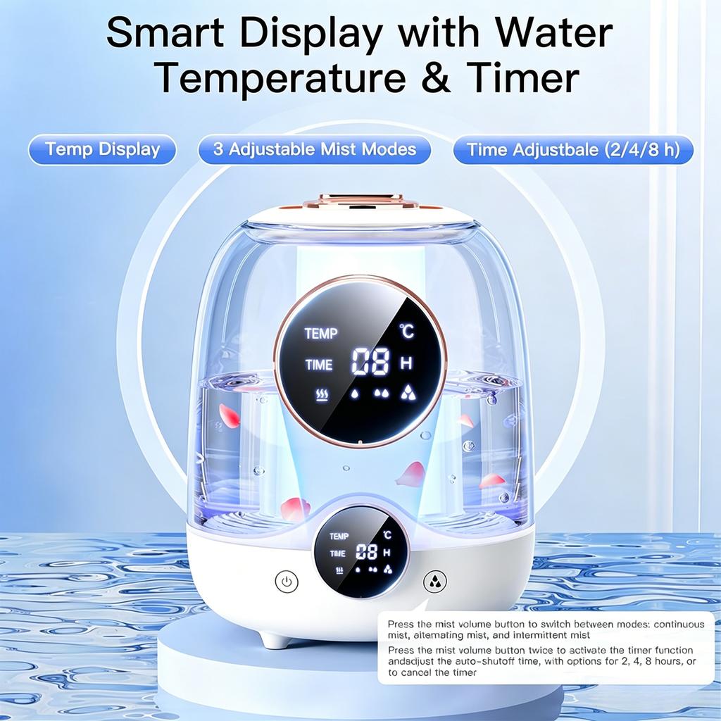 Double Spray 3L Large Capacity Humidifier with 7 Color Lights and Digital Display Screen for Silent Operation for Office Home