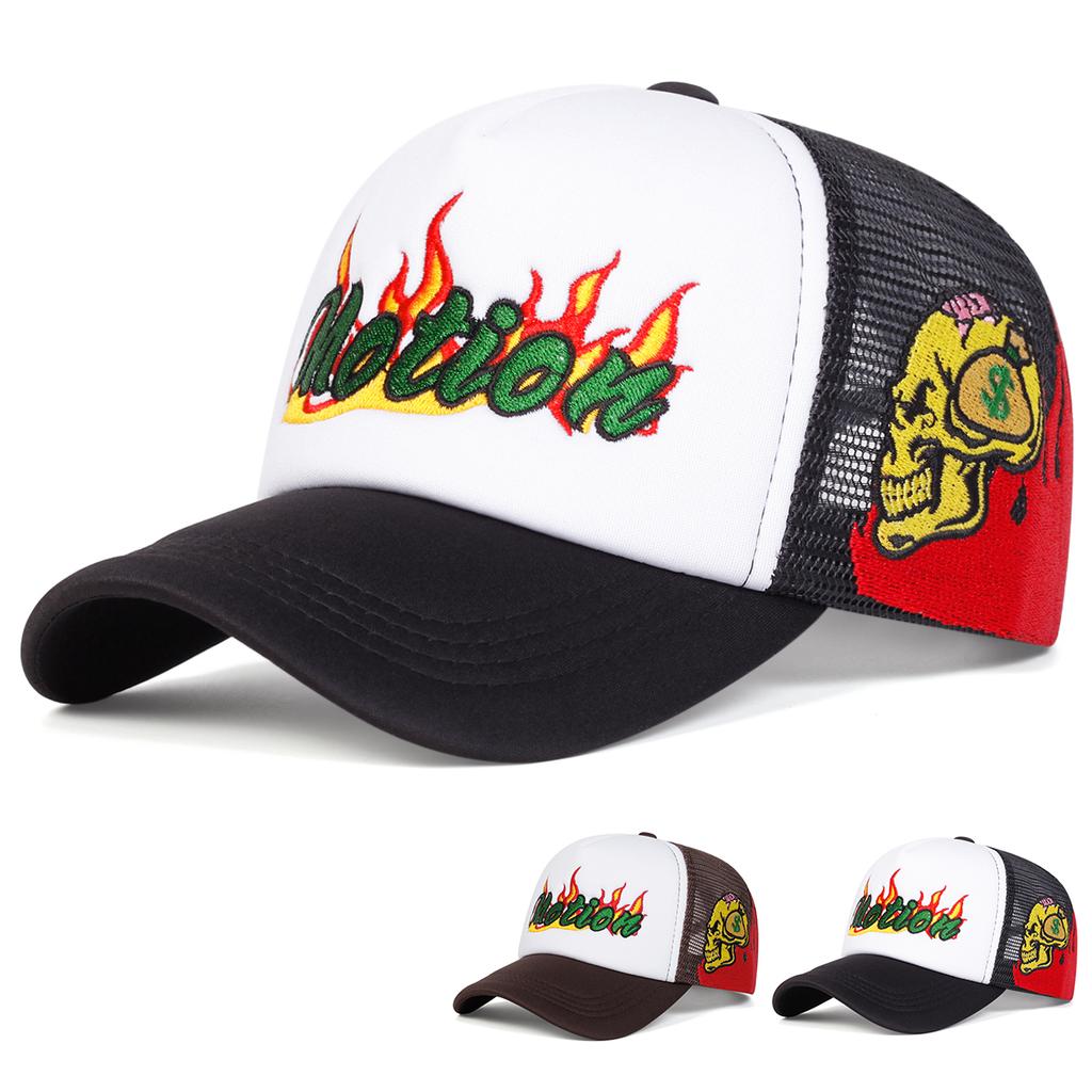 Men Motion Flame Side Skulls Embroidered Baseball Cap Mesh Hat Outdoor Adjustable Sunscreen Leisure Hat Spring Autumn Travel Tourism Beach Vacation