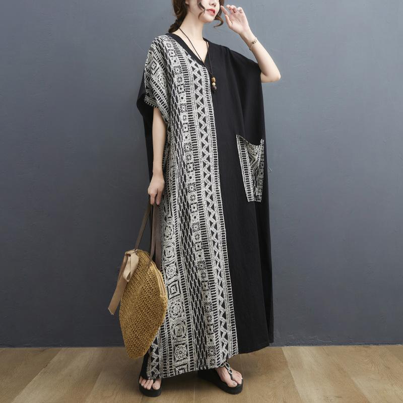 Big Size Women's Summer New Cotton and Linen Retro Colour Blocking Long Dress Large Pockets V-neck Long Gown Women's Dresses