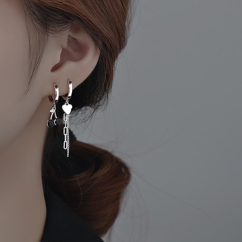Asymmetrical Cherry Heart Tassel Earrings for Women