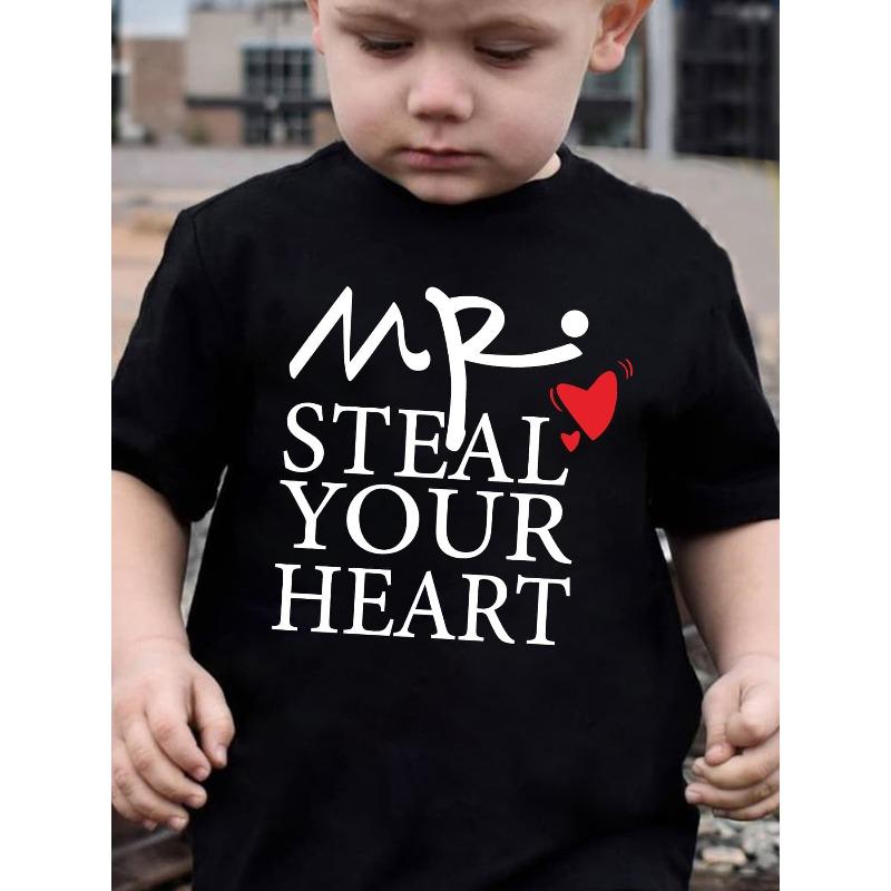 

European sizes Boys MR. STEAL YOUR HEART Print Short Sleeve T-Shirt -Summer Casual Round Neck Tee Suitable for, s Fashion Playwear 98cm чёрный