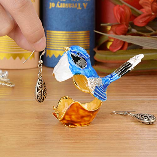FJ FENGZHIJIE Bluebird Trinket Box, Golden Crystal Enamel Hand-Painted Hinged Bird Jewelry Box, Elegant Home Decor & Unique Gift for Bird Lovers