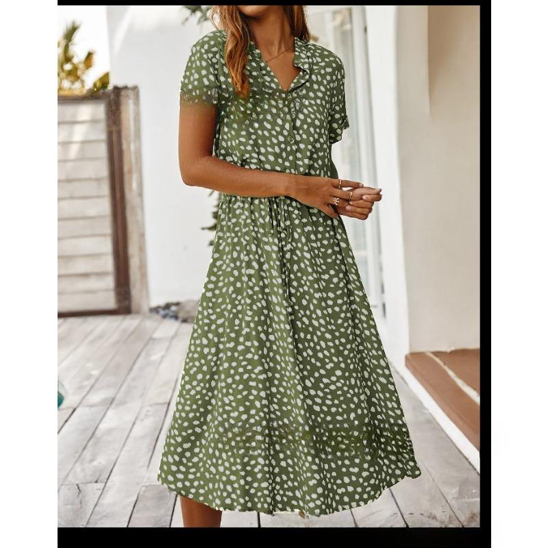 Summer polka dot printed short-sleeved mid-length dress women's fashion all-match elegant temperament