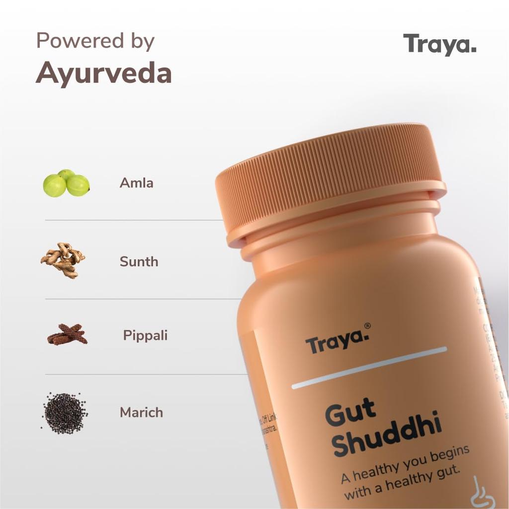 Traya Darmgesundheit Kombi-Tabletten, Immunität & Stoffwechsel-Booster Tabletten, Verdauungsenzyme, Stressabbau, Mittel gegen Sodbrennen, Gutt Shuddhi (30 Tabletten
