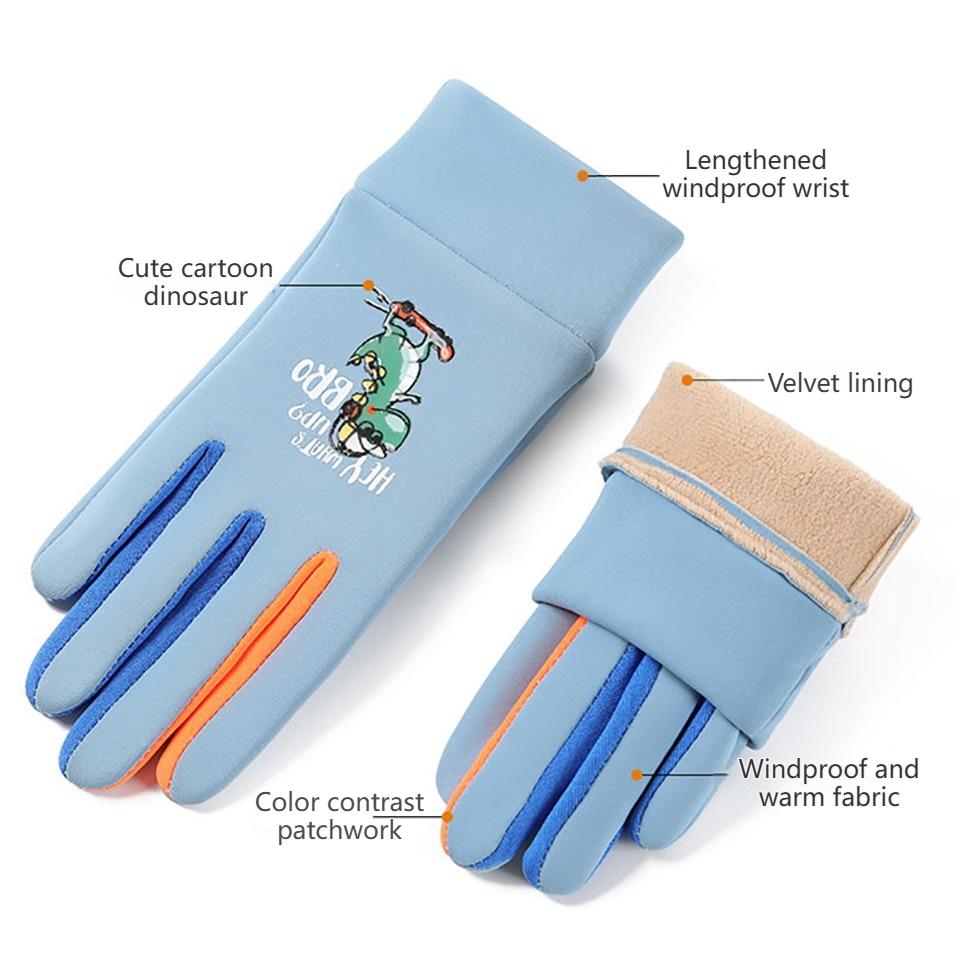 1Pair Kids Winter Gloves Fleece Lined Windproof Little Dinosaur Design Outdoor Snow Play Waterproof Warm