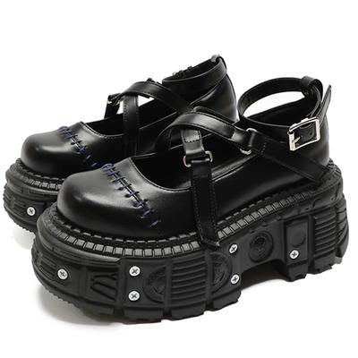 Gothic Mary Janes For Women Crossed-tied Ankle Strap Platform Shoes Round Toe Thick Bottom Female Shoes Punk Women Shoes