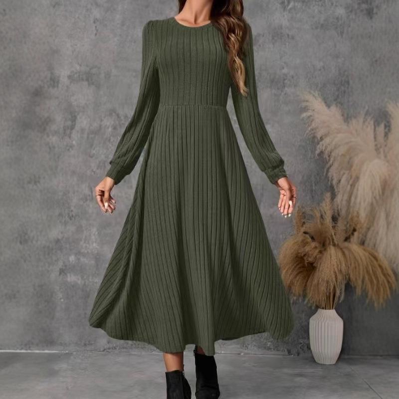 2025 Autumn/Winter Women's A-Line Knit Long Sleeve Dress - Solid Color Round Neck