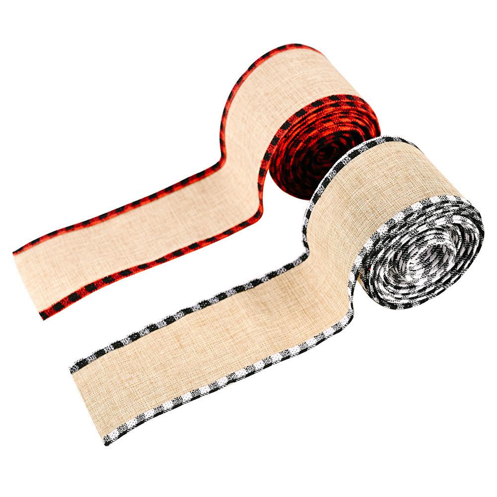 Christmas Holiday Gift Wrapping Ribbon With Red Black Plaid Faux Linen For Festive Decorations