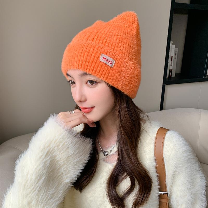Pălărie de iarnă cu ureche de pisică drăguță Pălărie tricotată de modă cu blană artificială Pălării moale Beanie Stil Kpop Căciulă de îmbrăcăminte pentru femei în culori de bomboane