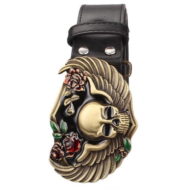Rose Skull Wings Metal Buckle Cool Leather Belt Skeleton Head Heavy Metal Rock Style Street Decorative Waistband