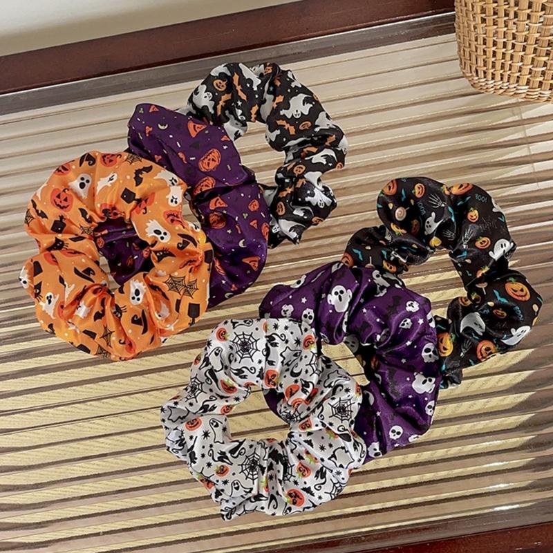 Glowing Pumpkin Hair Ties French Scrunchie Halloween Skull Pumpkin Bat Halloween Hair Style Tool Scrunchie