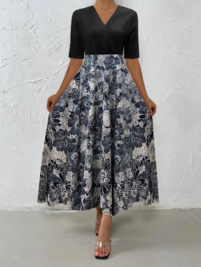 New women's clothing European and American printed medium and long dress splicing temperament commuter v-neck dress