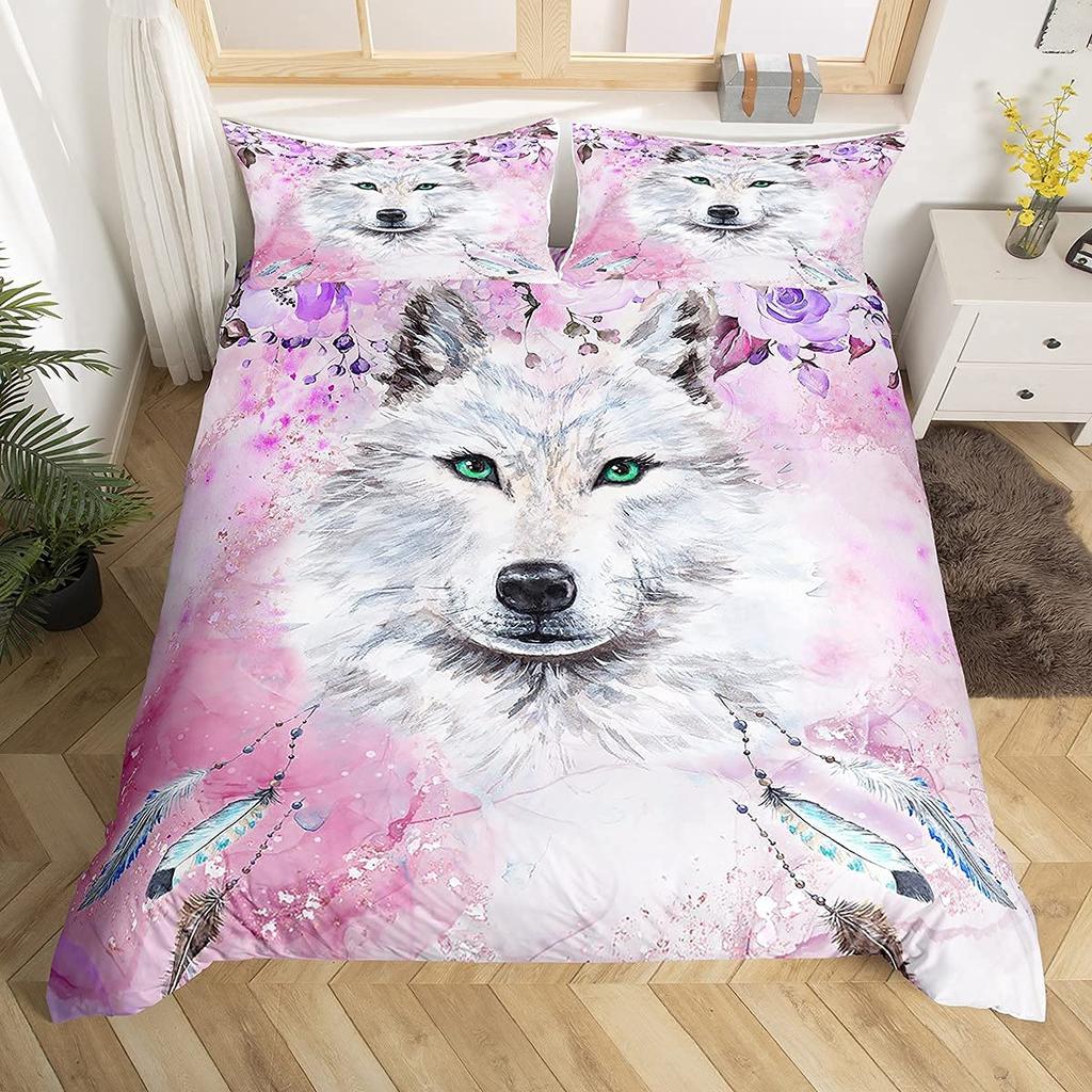 Galaxy Wolf Duvet Cover Set Full Size, Bedding Set for Boys Girls, Wolf Head Printed Duvet Cove Set 1 Quilt Cover 2 Pillowcases