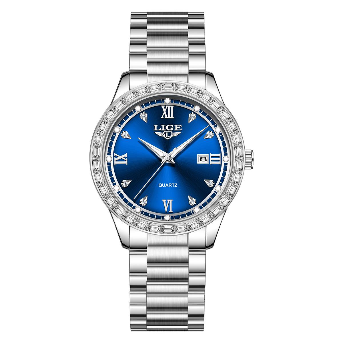 

LIGE Classic Women Watches Luxury Waterproof Stainless Steel Quartz Wristwatch Diamond Dial Luminous Calendar Ladies Watch+Box синий