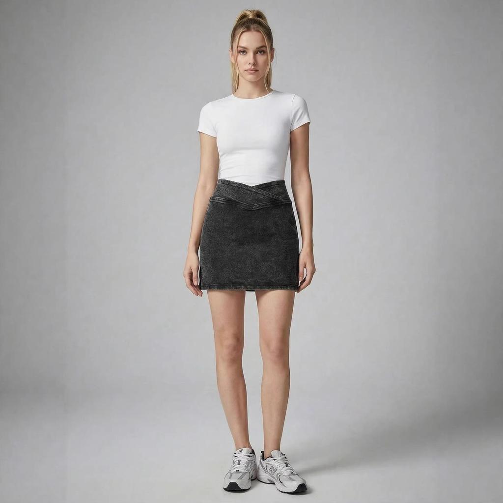 Stylish High-Waist Slit Faux Denim A-line Mini Skirt