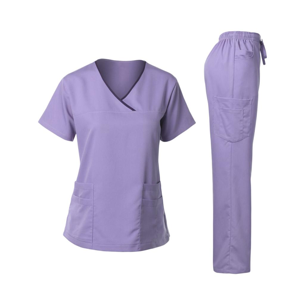 Ladies' Loose And Comfortable V-neck Short Sleeved Workwear With Multiple Pockets Suit Set
