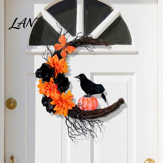 Fabric Wall Hanging Decor Halloween Door Sign, Artificial Floral Branch Crow Moon Hanger with Themed Event Decorations Bird, Spooky Window Yard
