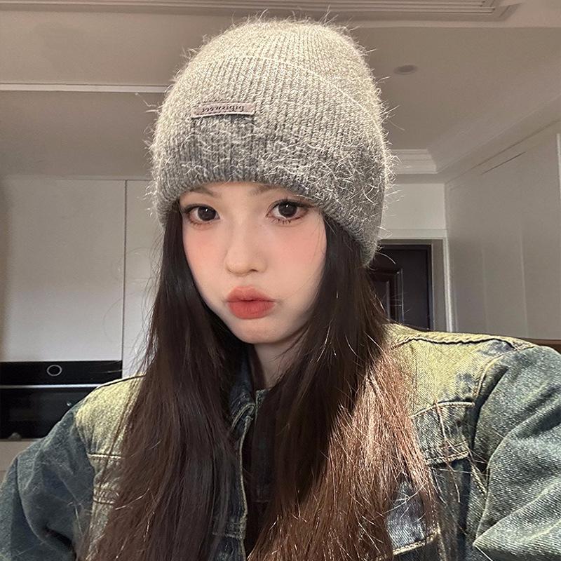 Rabbit Fur Knitted Hat Women's Autumn and Winter 2025 New Big Head Circumference Warm Thickened Wool Hat Showing Small Face Gray Cold Hat