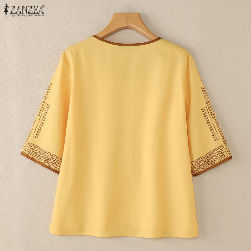 ZANZEA Women Casual V-Neck 3/4 Sleeve Loose Print Blouse