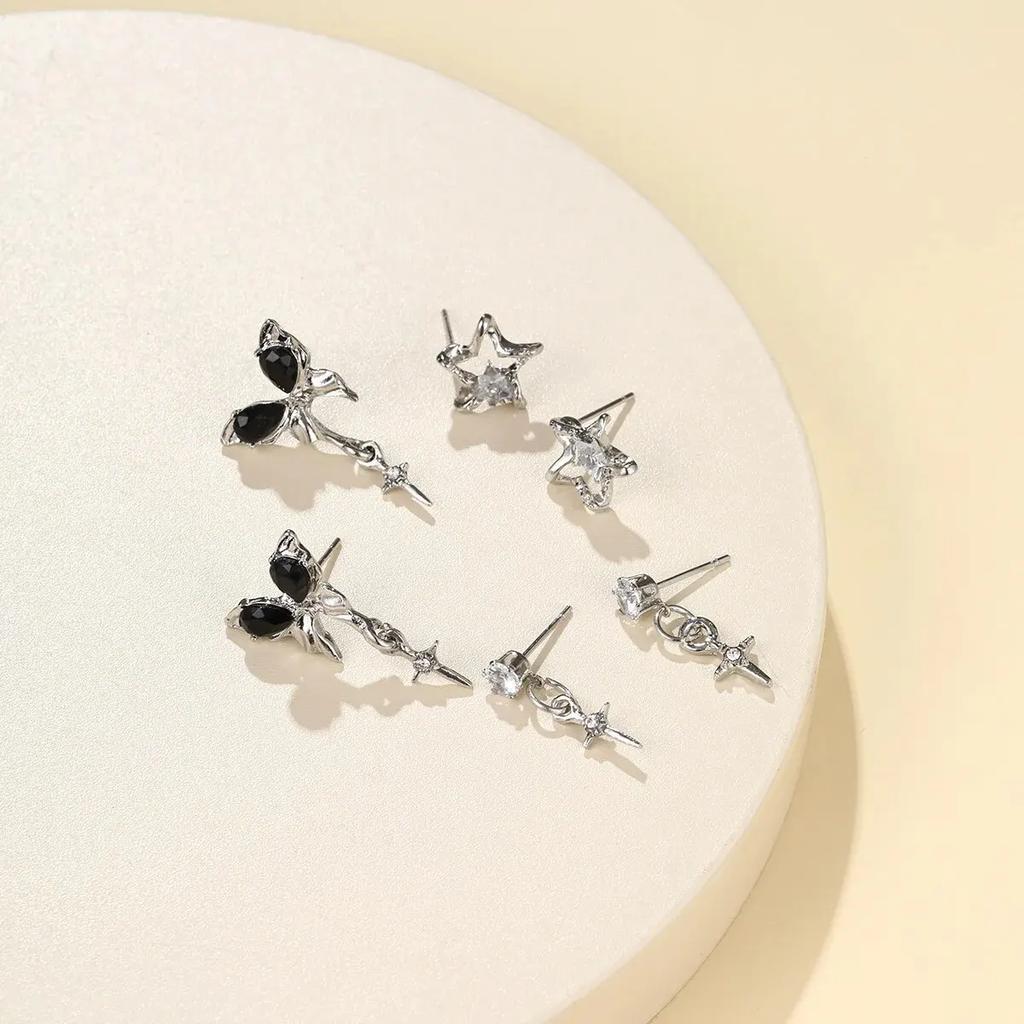 New Fashion Goth Black Butterfly Crystal Star Earring Set For Women Girl Vintage Aesthetic Heart Stud Earring Trendy Y2K Jewelry