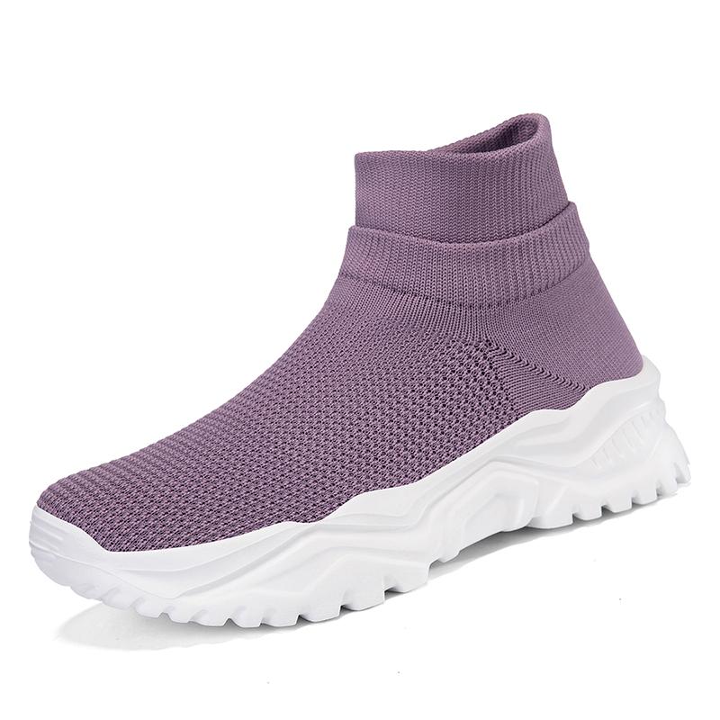 Women's Fashionable Off-White Mid-Top Socks Sneakers Easy To Put On and Take Off Mesh Thick-Soled Knitted Shoes Lightweight and