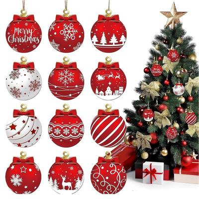 Christmas Decorations Wooden Ornaments, 12Pcs Red Hanging Christmas Tree Decoration Items with Snowflake Pattern, Wood Baubles for Xmas Tree
