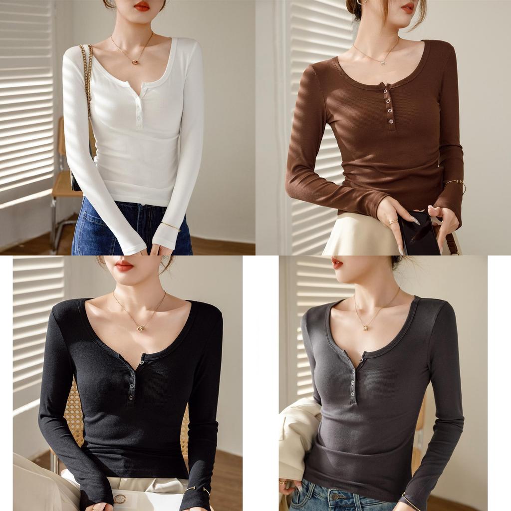 T Shirt Women Long Sleeve Slim Fit Pure Cotton Ribbed Fabric For Autumn Winter Style