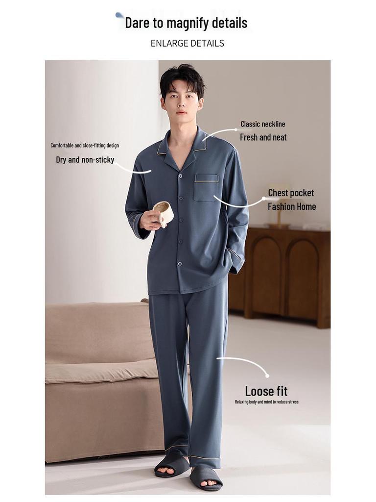 Men's Plus Size Cotton Pajamas Cardigan Set for Spring/Autumn - Long Sleeve, Lightweight, Casual Wear for Home or Out.