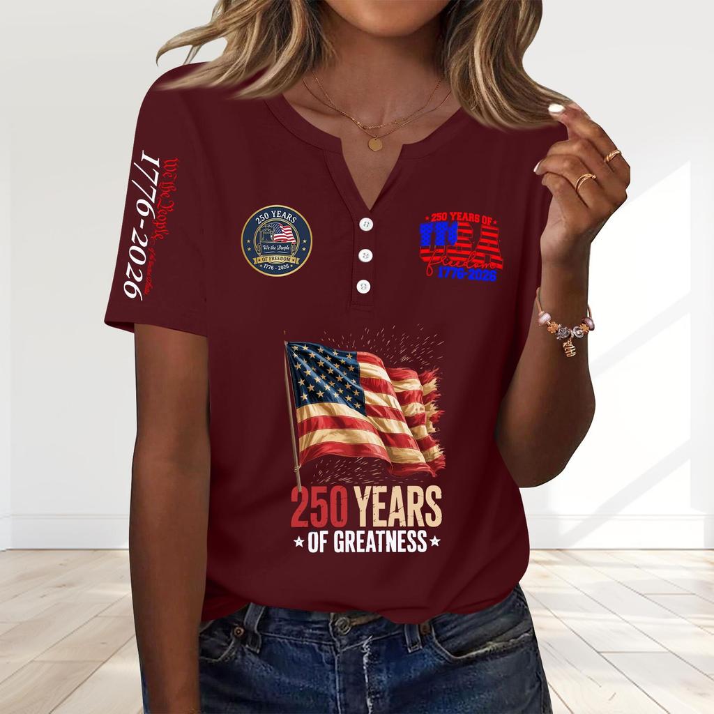 Damenmode Lässig 250. Jahrestag Unabhängigkeitstag Druck V-Ausschnitt Kurzarm Dekoriert Knopfleiste T-Shirt