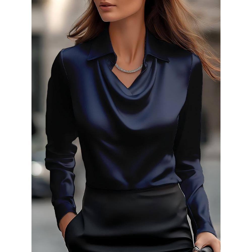 Women's Turn Down Collar Cowl Neck Long Sleeve Satin Blouse Elegant Solid Color Office Work Shirt Top
