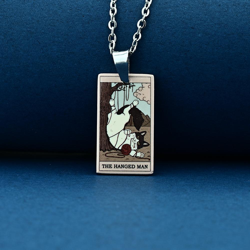 Stainless Steel Cat Tarot Card Necklace for Men Women Animal Divination Jewelry Accessory