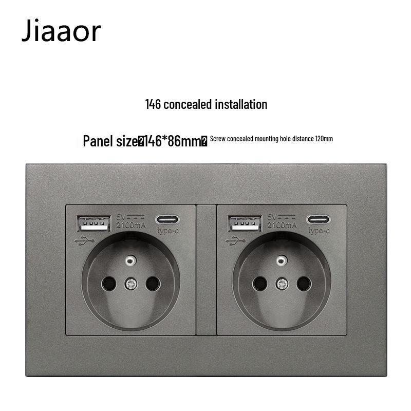 16A Grau Französische Doppel-Gang-Schalter- & Steckdosenleiste mit USB+Typ C, Unterputzmontage, Typ 86