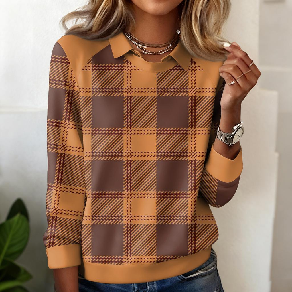 Damen Karomuster Bedrucktes Lässiges Langarm-Sweatshirt-Top