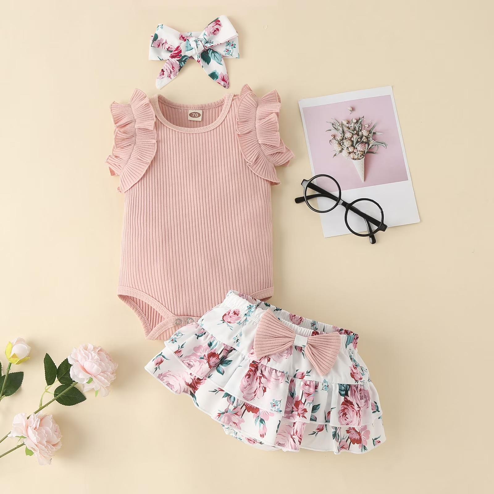 Baby Girls Sleeveless Ruffle Romper Floral Printed Skirt Set with Headband Cotton Soft Fabric Infant Toddler Outfit 100 розовый