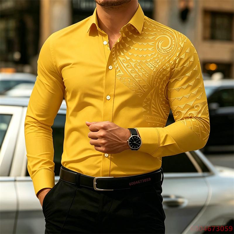 2026 New Men's Long-Sleeve Shirt, Fashionable Pattern Print, Slim Fit, European Size Business Casual Men's Top