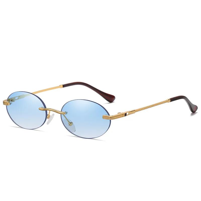 

Retro Oval Sunglasses Rimless Man Blue Mirror Gold Metal Male Glasses Round Frameless Women UV400 As Picture