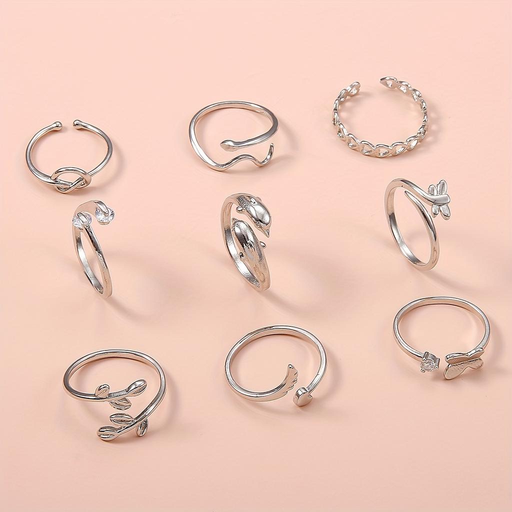 9pcs Vintage Butterfly Adjustable Toe Rings Set, Copper Open Foot Jewelry, Heart & Geometric Hollow Design, Daily & Party Wear, All Seasons Suitable