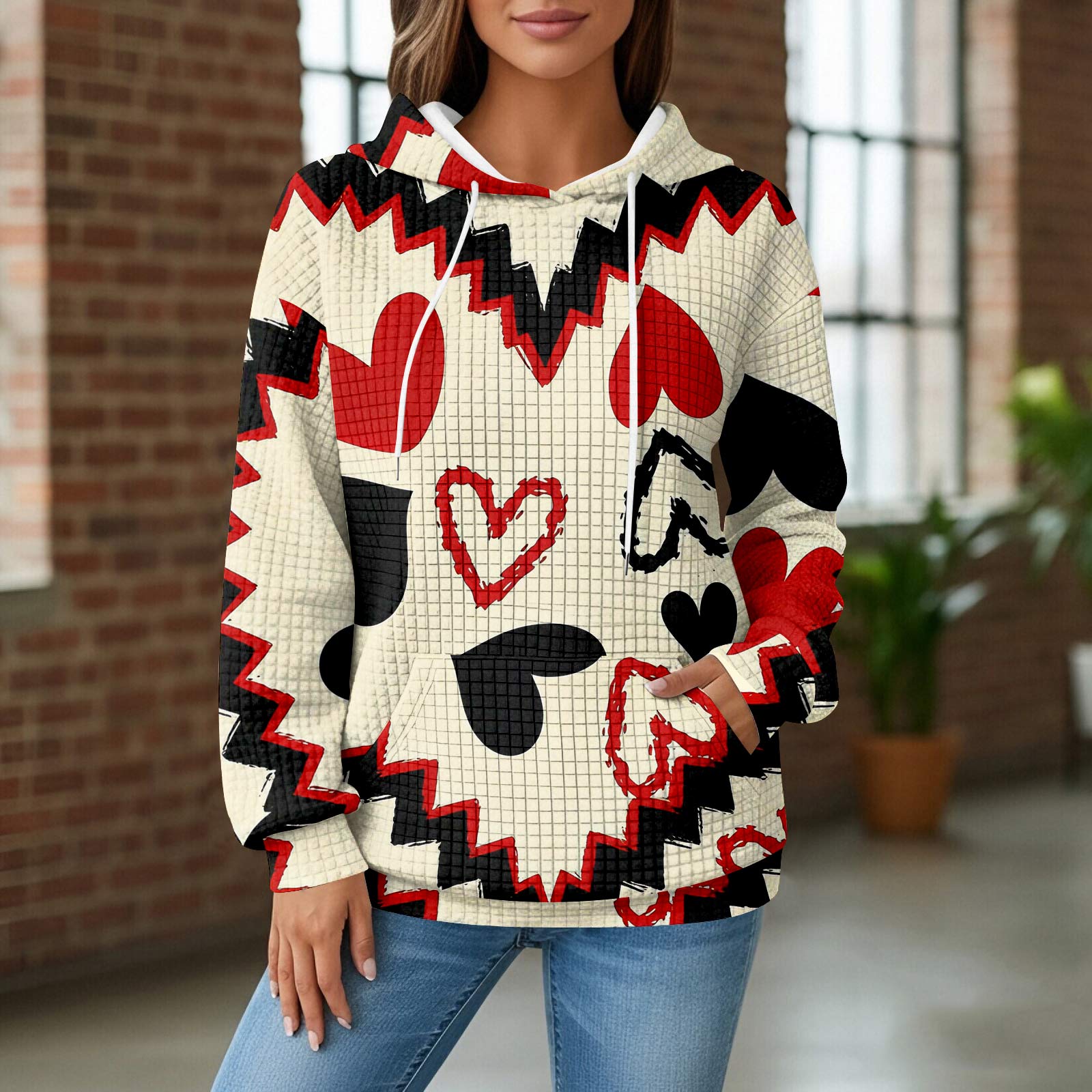 Женский вязаный худи, Лонгслив с карманом, Повседневный свободный, Подходящий свитшот для ежедневной носки/на улице L винный