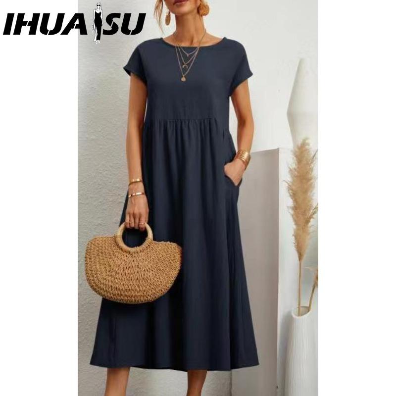

IHUASU Жіноча Мода Літо Весна Однотонний Принт Короткий Рукав Круглий Виріз Повсякденні Сукні XL