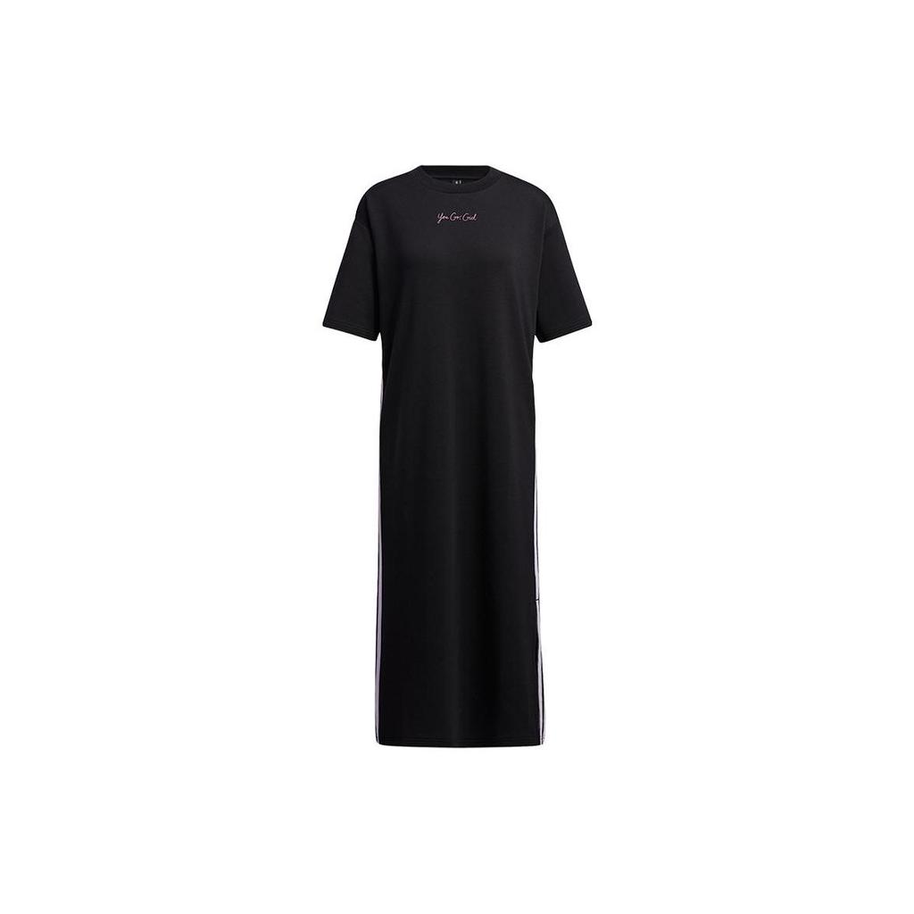 adidas Neo Logo Print Atmungsaktiver Drei Streifen Sport Pullover Rundhalsausschnitt Kurzarm Kleid Damen Kleid Schwarz H45104