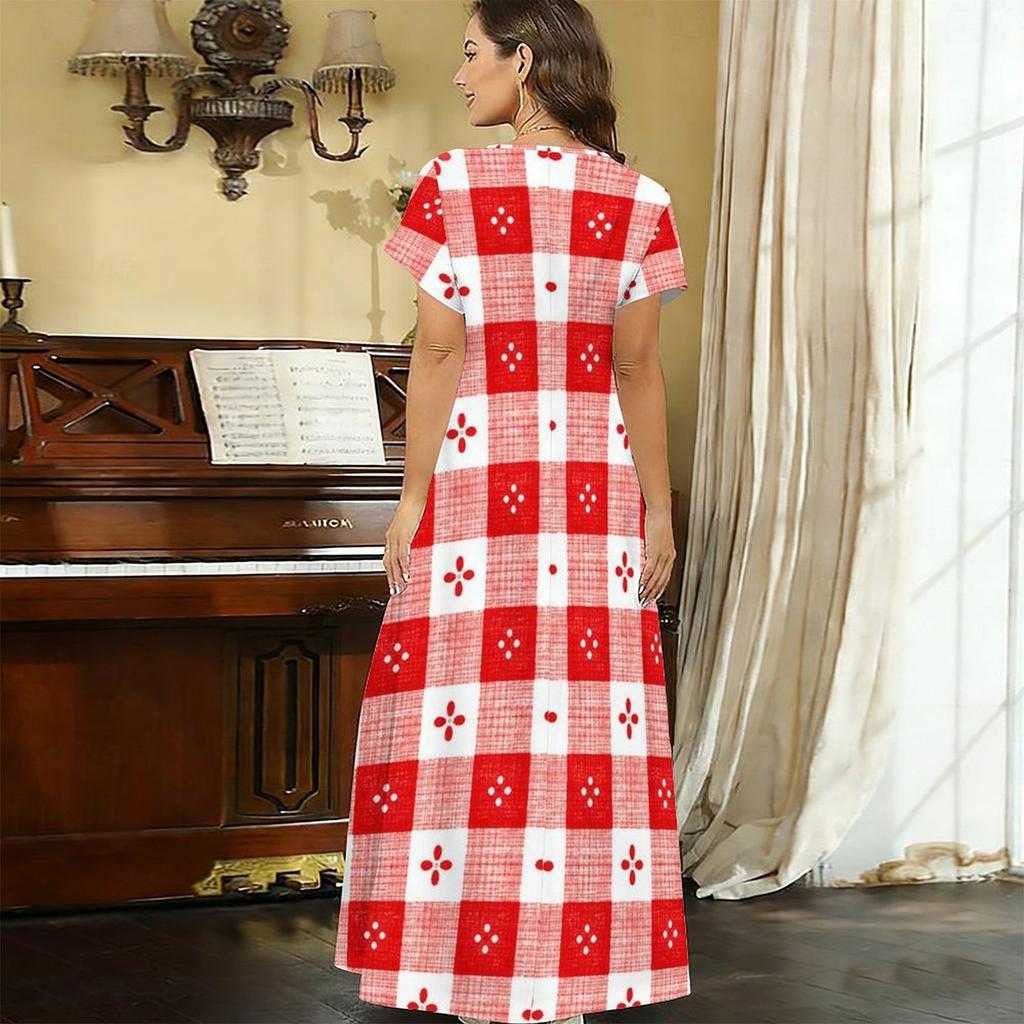 Women Plus Size V Neck Short Sleeve Beige Brown Printed Straight Maxi Dress