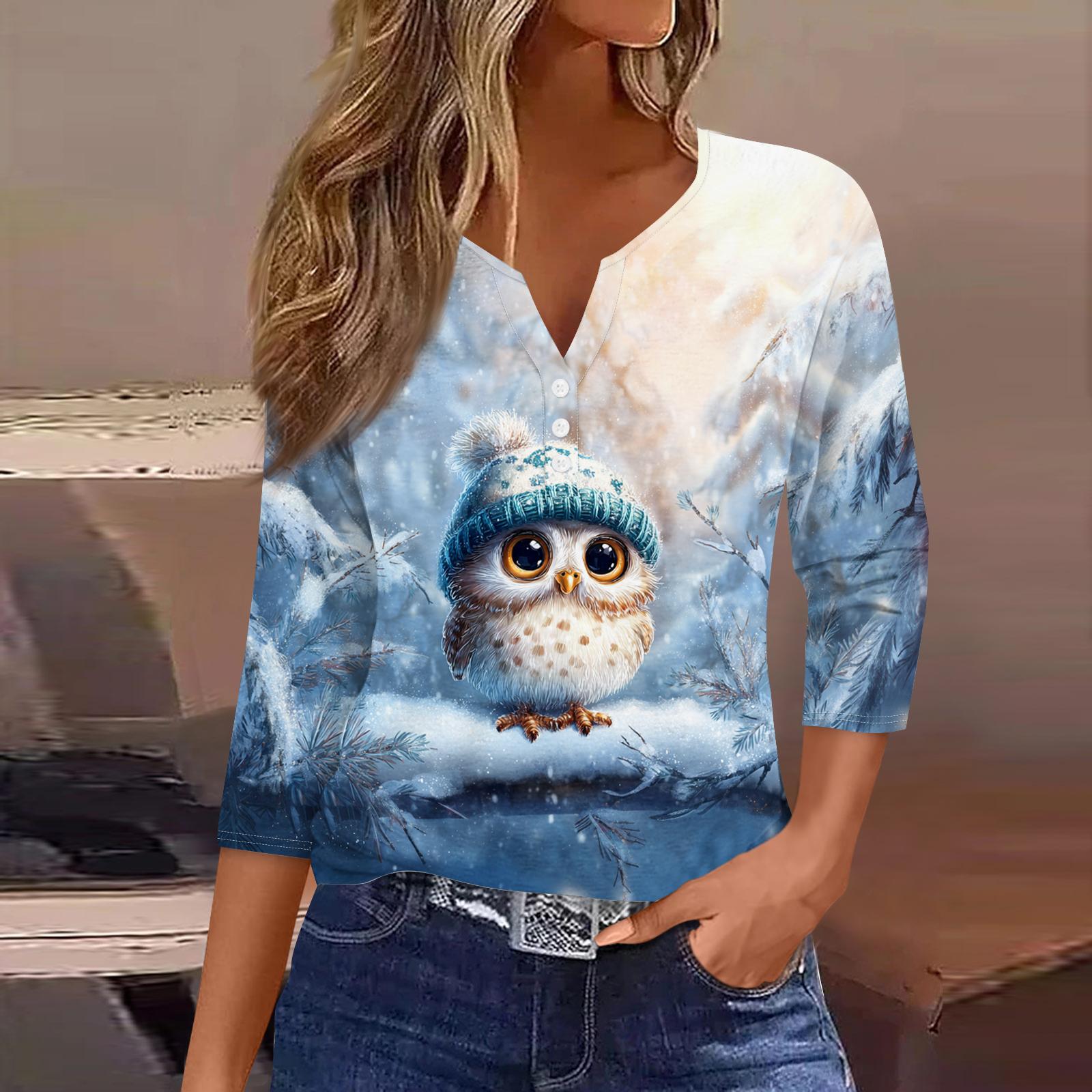 

Женская модная повседневная футболка с V-образным вырезом, короткими рукавами, декоративными пуговицами и рукавами три четверти с рождественским принтом XXL