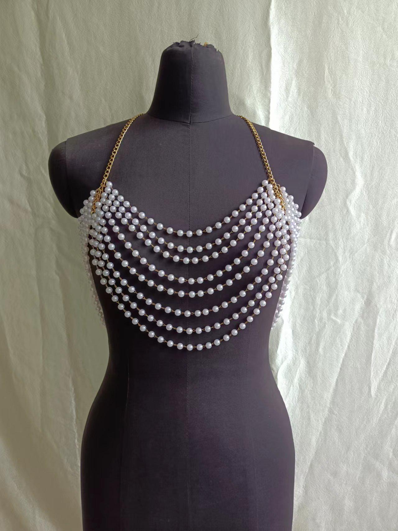 

Вязаный вручную многослойный топ-халтер с кисточками и жемчугом, жилет-цепочка One Size белый